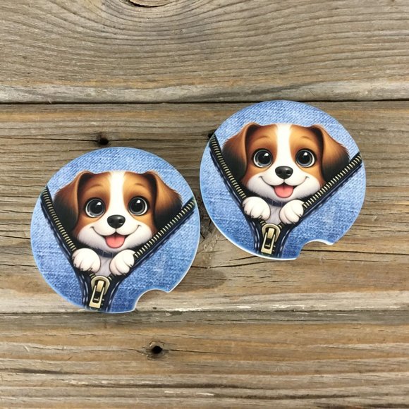 Dog Peek-a-Boo Zipper Car Coasters Set of 2 - Picture 2 of 7